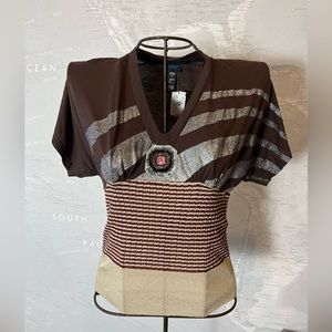 NWT Custo Barcelona Brown Metallic Gold Knit Batwing Tee 3 L Vintage Deadstock